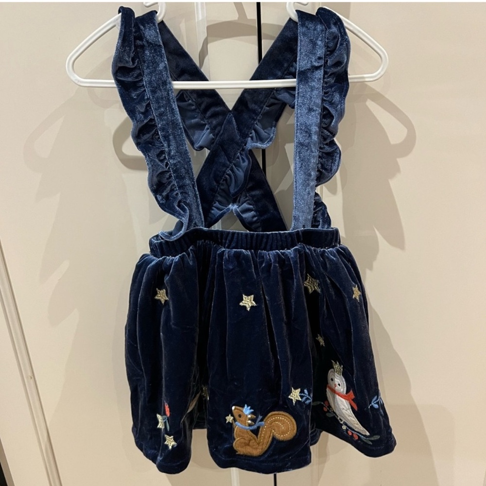 Baby Boden 18-24m Navy Blue Velvet Toddler Dress overalls with Embroidery